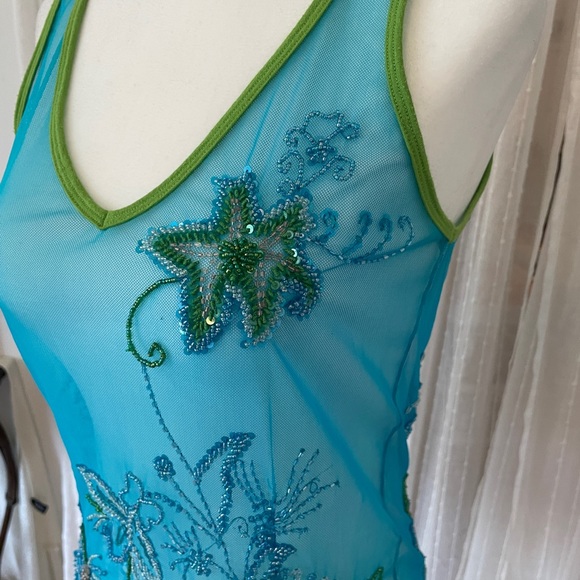 Sleeveless Tank Top Aqua Blue  Green Trim with Sequin beadwork. Comfort Stretch - Picture 6 of 6